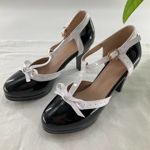 ForeMode Women T-Strap High Heels Bow Platform Round Toe Pumps, 7.5 US, Black - Picture 6 of 8